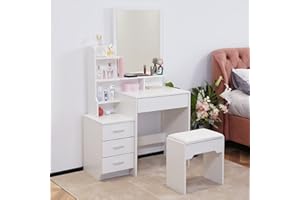 LEMROE White Vanity Dressing Table Set with Mirror and Stool Makeup Table with 7 Shelves and 4 Drawers Home Bedroom Furniture for Girls