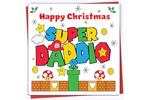 Printperfect daddy christmas cards, happy xmas daddy Mario inspired, funny daddy cards from son or daughter super daddio (Red Envelope)