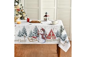 Artoid Mode Biały dom, śnieg, drzewa, ogrodzenie, bałwan, Boże Narodzenie, obrus 140 x 110 cm, zimowa ochrona przed plamami, obrus kuchenny, dekoracja na imprezę