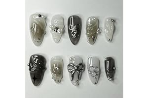 GlamRays 24 Pieces Black Press on Nails Medium Almond Fake Nails with 3D Metal Bow Pearl Design, Black Gradient, Full Cover, False Nails, Water Droplets