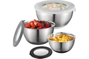 FAB4HOME Lot de 3 Bol Inox avec Couvercle Saladiers avec Couvercles Hermétiques et Fond Antidérapant en Silicone Bols à Mélangeren Acier Inoxydable Idéal pour Conserver ou Mixer 1,25L/ 2L/ 3L