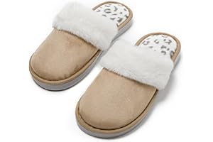 JOMIX Damskie kapcie zimowe ciepłe futro lampart futro syntetyczne antypoślizgowe wygodne domowe podeszwa PVC