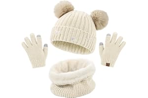 UMIPUBO Dziecięca ciepła czapka beanie szalik rękawiczki zestaw 3 w 1 zimowa czapka termiczna z dzianiny szalik rękawiczki zestawy dla dziewcząt chłopców pompon czapki ocieplacz na szyję rękawice do ekranu dotykowego dla dzieci, 6-10 lat