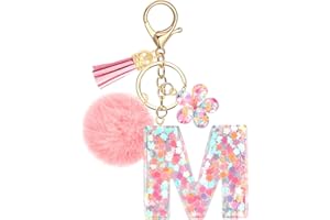 JSRQT Cute Pink Initial Letter Keychain, Flower Sequins Resin Alphabet Letter Keyrings, Flower Tassel Poms Pendants Bag Charm Car Key Chains