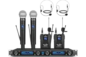 MicrocKing Wireless Microphone System, UHF Cordless Mic Set with 2 Handheld Mics/2 Lavalier Bodypacks, Metal Build, Fixed Frequency, Long Range, Ideal for Karaoke/Party/Wedding/Concert
