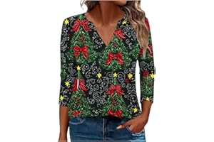 GENERIC Women Christmas Jumpers Funny Graphic Tshirts Xmas Sweatshirt Pullover Tops Blouse Ladies Christmas Sweat Shirt Printed V-Neck 3/4 Sleeves Loose Fashion Top