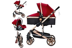MoLi Kinderwagen 3 in 1, Kinderwagen Set Umkehrbarem Doppelschiebemodus, Kombikinderwagen 3 in 1 Großer Bequemer Babywanne, Buggy Rahmen Aluminiumlegierung Faltbar Hohe Landschaft (739 Red)