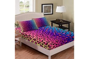 Homewish Watercolor Leopard Bedding Decor Set Double Size,Abstract Leopard Fitted Sheet & Pillow Sham Set Modern Fashion Print Bedding Decor Set For Boys Girls,Woman Colorful Decor Luxury Microfiber