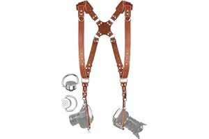 C Coiro Kameragurt für 2 Kameras mit doppeltem Tragegurt aus Leder und verstellbarem Schultergurt - Ledergurt für DSLR/SLR - Camera Dual Shoulder Strap - Padded/Tan