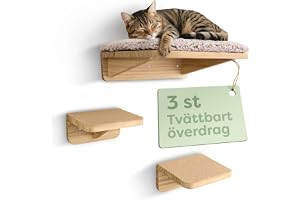 Knupis Klättervägg Katt Beige - Kattbädd och 2 Kattrappor - Massivt Furuträ | Klarar upp till 30 kg, platsbesparande, tvättbart överdrag, halkfria steg, monteringsset ingår, FSC-certifierat, lek och vila
