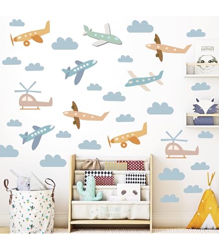 Ufengke Stickers Muraux Avions Colorés Vintage - Autocollants Biplan Pour Chambre Et Salon