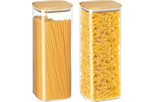 YUEYEE Barattolo Spaghetti in Vetro Con Coperchio in Bambù - Set 2 Pezzi Contenitori Trasparenti per Farina, Pasta, Chicchi, Riso e Cereali