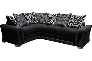 SOFAS AND MORE Sharon Fabric Corner Sofa Black Chenille Leather Left Hand Side Living Room Suite (Black)