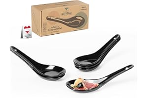 Urban Lifestyle 6 Cucharas de Porcelana Negra Asiática para Arroz, Sopa y Degustación de Comida para los Dedos