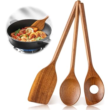 Produktbild von Kochbesteck Set 3er Set Kochlöffel Holz Holzspatel Waschbar 30cm Hitzebeständig Holzlöffel Groß