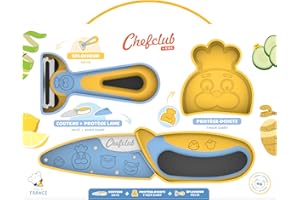 Chefclub Kids - Coffret Couteau et Éplucheur Enfants - Lame Inox à Bout Rond - Éplucheur Bi-directionnel - Manches Antidérapants Soft Touch - Protège-doigts et Protège-lame Inclus - Sécurisé