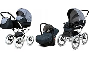 BabyLux® Bambimo Kinderwagen Set 3 in 1 - Margaret White - incl. Babywanne, Buggy Sportsitz, Auto-Babyschale - Autositz - Kinderwagenset - Kombikinderwagen mit Wickeltasche, Regenschutz usw.