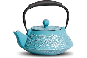 MILVBUSISS Théière japonaise en fonte avec infuseur pour feuilles mobiles, 800 ml, compatible avec la cuisinière, revêtement intérieur émaillé, motif nuages, bleu ciel, 800 ml