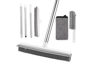 KroY PecoeD 2 in 1 Rubber Broom with Squeegee, Rubber Brush with Adjustable Anti-Rust Long Handle for Human Pet Dog Hair Carpet Kitchen Garden Cleaning(with 1 Handheld Edge Brush+ 1 Dishcloth)
