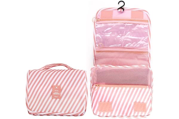 Discoball Trousse de toilette de voyage à suspendre, pliable et étanche avec crochet pour organiseur de voyage pour femmes et filles (rayures roses)