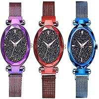 Crispy Starry & Diamond Watch Waterproof Magnet Stainless Steel Strap Pack of 3 (Purple, Red, Blue)