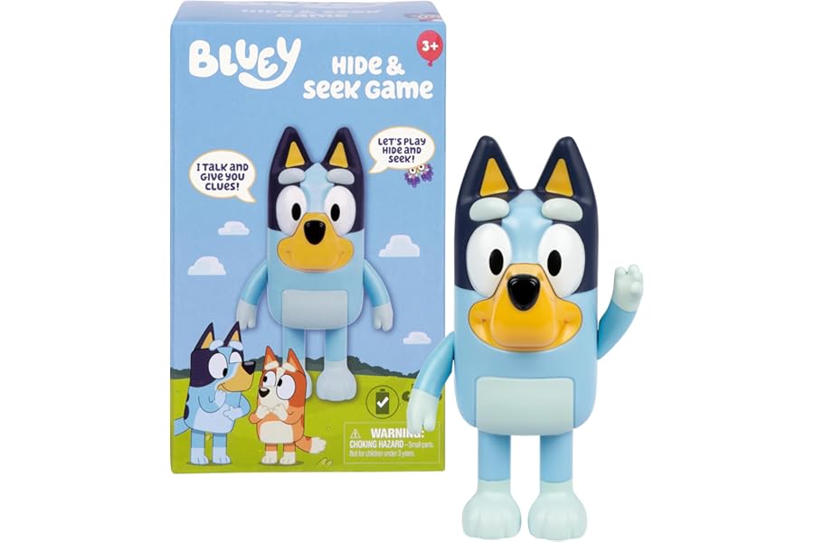 Moose Bluey Hide & Seek Game, Hide the figure and press her nose to start the built-in timer, talks and giggles to help kids find her, When found, kids can Dance To Theme Song