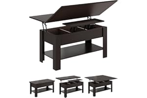 ‎KIMENICH Couchtisch Höhenverstellbar, 3-in-1-Multifunktions-Wohnzimmertisch, Kaffeetisch, Versteckter Aufbewahrung, Offenes Fach, Als Esstisch nutzbar, für Wohnzimmer, Büro, Schwarzbraun