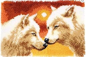 YOOTOM Tappeto Annodare Fai Da Te, Set di Tappeti da Ricamo, Cuscini Decorativi fai-da-te, Tappetino a gancio, Coppia di Lupi Modello Prestampato, 50x38cm