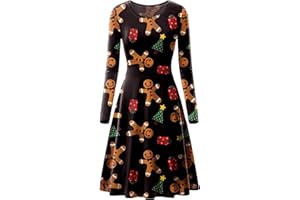 Love My Fashions® Womens Christmas Dress Casual Long Sleeve Round Neck Party Dress for Women Kissing Reindeer Santa Snowman Snowflake Flared Xmas Costume Swing Skater Mini Novelty Outfits