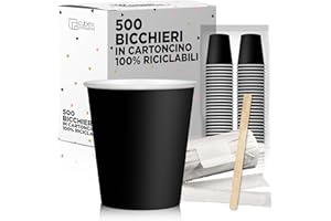 cubex professional® - Kit de 500 vasos reciclables de cartón negros, 75 ml + 500 paletinas de madera de 9 cm en sobres individuales, para café, agua o bebidas calientes y frías