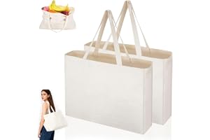 TranRantic 2 stycken vävda väskor, 45×35×8 cm väskor av tjock bomullsduk, stor återanvändbar tote-väska i bomull för kvinnor, juteväskor med långa handtag för inköp, målning, broderi