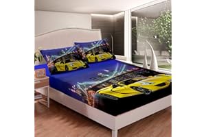 LOUSSIESD Racing Car Fitted Sheet, Speed Sports Car Bedding Set for Boys Kids Boys Teens Adult, Extreme Sport Theme Bed Set Cool Automobile Yellow Bed Sheet for Bedroom Decor, Double Size