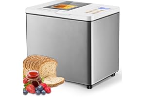 KEEPEEZ 19-in-1 Compact Bread Machine with Dual-Heaters, 1.5LB Stainless Steel Auto Bread Maker with 2 Loaf sizes&3 Crust Colors, Nonstick Pan, 15H Delay Timer & Keep Warm Set, Oven Mitt and Recipes