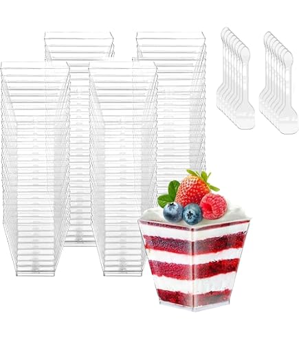 50 Tazze Da Dessert In Plastica 160 Ml Con Coperchi, Cucchiai E Adesivi: Ottagonali E Trasparenti Per Feste E Buffet