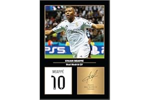 Icons Wall Art Fotografía impresa del Real Madrid de Kylian Mbappe, tamaño A4, con firma reproducida digitalmente, regalo para aficionados al fútbol americano, póster de recuerdo del Real Madrid sin