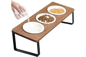 GUUSII HOME Miska dla kota Podniesiona miska na karmę Stacja karmienia dla kotów Miska ceramiczna Miska na karmę Zestaw 3 drewnianych misek Średnica 12 cm Ergonomiczna