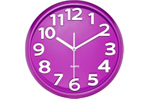 Plumeet Reloj de Pared Pequeño de 25 cm, Relojes Decorativos de Cuarzo silencioso Que no Hace tictac, Gran Pantalla de números tridimensionales, con Pilas (Púrpura)