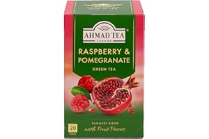‎AHMAD TEA Ahmad Tea - Raspberry&Pomegranate - Grüner Tee mit Himbeer & Granatapfel - Mit Fruchtstücken – Einzeln Verpackte, Aromaversiegelte Teebeutel mit 2g Tee pro Portion - 20 Teebeutel mit Band