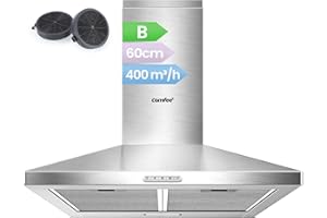 COMFEE' Cappa Aspirante 60 cm PYRA17SS-60 Acciaio Inossidabile Cappa Cucina con LED, Sistema di Ricircolo e Canalizzazione e Filtri a Carbone