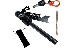 Allume Feu Survie - Pierre a Feu Manche Pvc Noir Boussole et Sifflet - 2 Grattoir + Pochette + 1 petite corde de cire - Allumage Rapide Etincelle Puissante Pour Camping Randonnée Fire Steel Fire Start