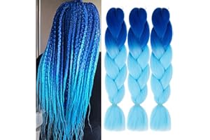 PORSMEER 3 Stücke Ombre Blau Braids Extensions Kunsthaar 66cm zum Einflechten,100g Kanekalon Haar Flechten Für Frauen Crochet Twist Flechten Haar,dunkelblau/hellblau