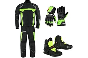 PROFIRST Motorcycle Clothing Suit - 2 Piece Motorbike Armored Suit Waterproof Biker Jacket and Trouser with Motorbike Boots Shoes & Motorcycle Gloves - CE Armor for All Weather