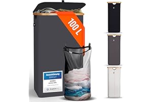 ‎HENNEZ HENNEZ 100L Wäschekorb mit Deckel Grau - herausnehmbaren Wäschesack Wäschesammler schmal - Wäschebox Waschekorbsammler Wäschesortierer - Wäschetruhe, laundry baskets Wäsche Korb