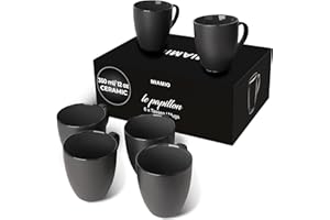 MIAMIO - 6 x 350 ml Stoneware Coffee Mug/Cup Set - Le Papillon Collection (Black)