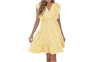 Zeiayuas Womens Summer Boho Beach Midi Dress Floral Print Ruffle Short Sleeve Mini Dresses V Neck Cascading Frilly Bohemian Flowy Party Elegant Sundress Ladies