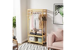 unho Wieszak na ubrania na toczonych nogach, otwarta szafka bambusowa, wieszak na płaszcze i buty z 1 drążkiem i 4 haczykami, idealny do salonu, sypialni wejściowej - 78x41x169cm