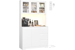 FirFurd Kitchen Cupboard 180cm Tall Cabinet with LED, Power Sockets Kitchen Sideboard Storage Cabinet with Large Countertop, Adjustable Shelves, 3 Drawers 180x100x38.5 cm White