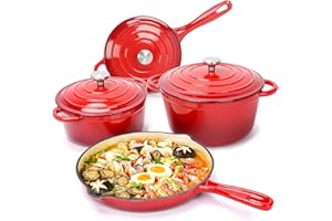 Denmay Lot de 7 ustensiles de cuisine en fonte émaillée - Four hollandais - Cuisson à pain, casserole, poêle, 3 couvercles, four hollandais, compatible gaz/four/induction - Rouge