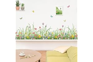 wondever Green Grass Floral Wall Corner Stickers Wildflower Butterflies Baseboard Skirting Line Wall Decals for Living Room Bedroom Dining Room