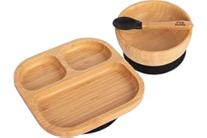 Tiny Dining Baby Dinner Set - Segmented - Black - 3pc - Divided Non-Slip Bamboo Self-Feeding Baby Weaning Plate, Bowl & Spoon for Babies, Toddlers, Children